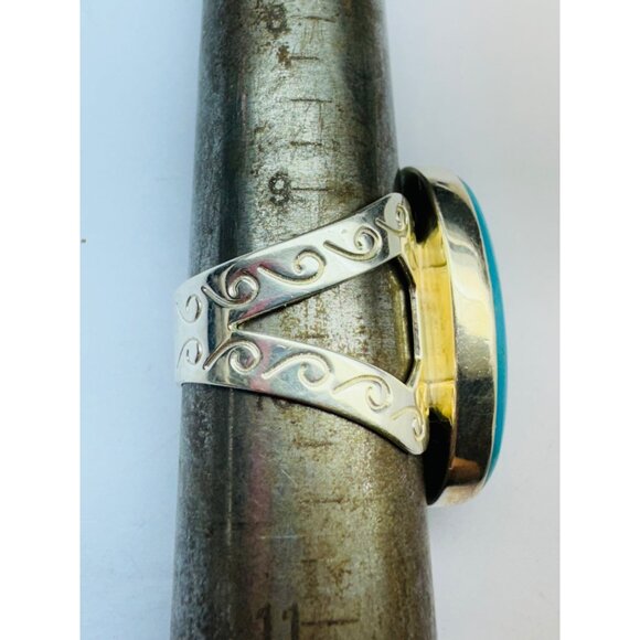 Bold Statement Turquoise Ring Sterling Silver 925 Filigree Band Size 9.5, 13.42g - Picture 9 of 11